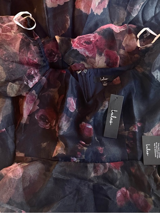 Lulus Oh-So Stunning Navy Blue Floral Organza Tiered Midi Dress NWT - Picture 5 of 7